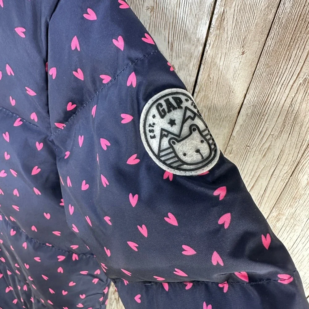 Baby Gap Puffer One Piece Snowsuit‎ Pram Suit Navy Pink Hearts Size 6- 12 Months